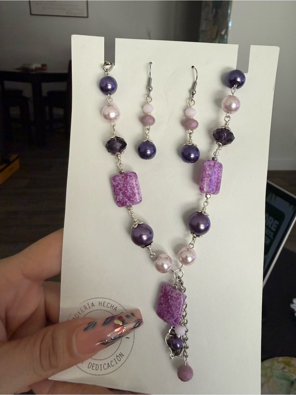 Handmade Purple Bead Necklace and Earrings Set